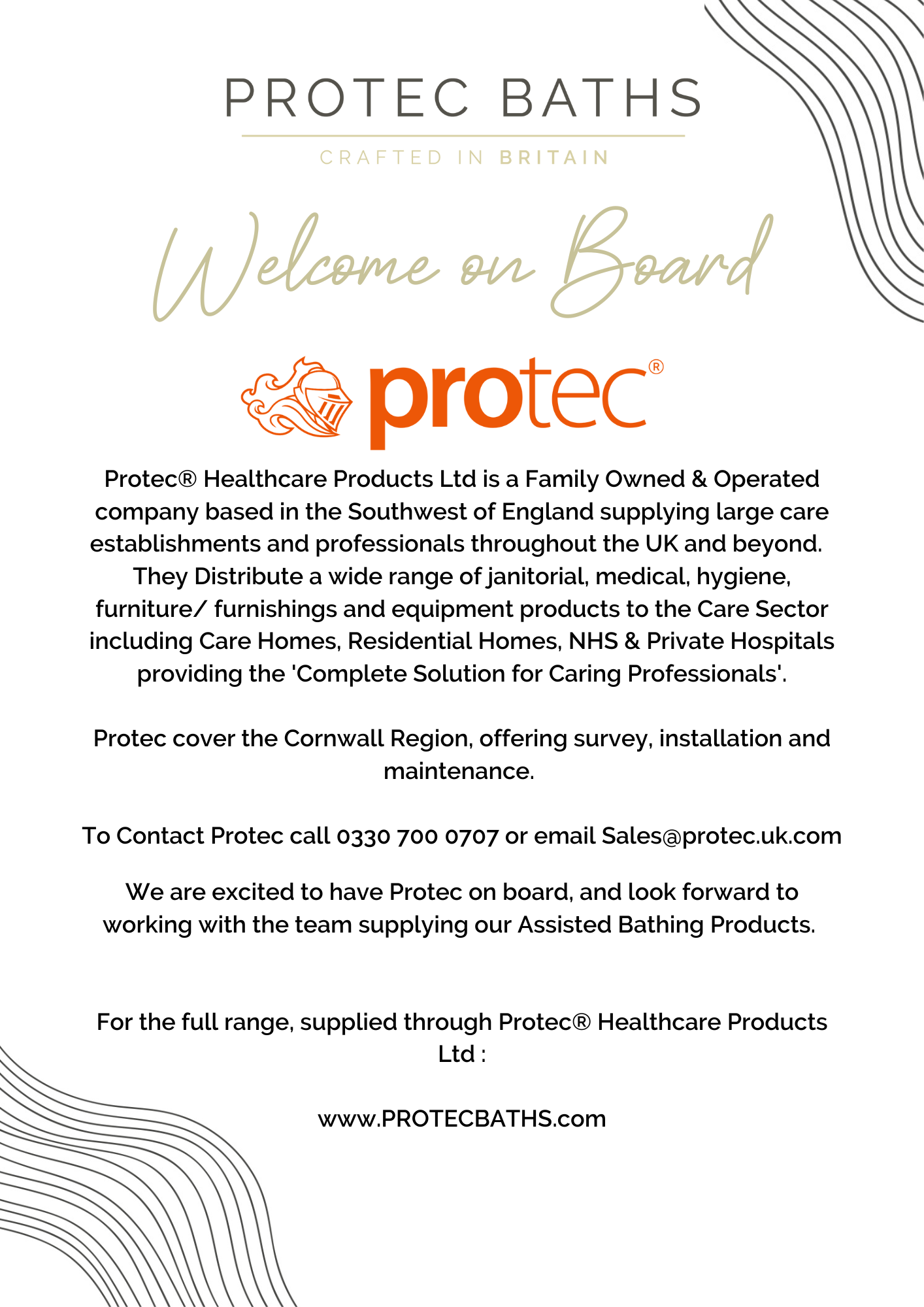 Protec Healthcare awarded distributorship in Cornwall for Baths Crafted in Britain!