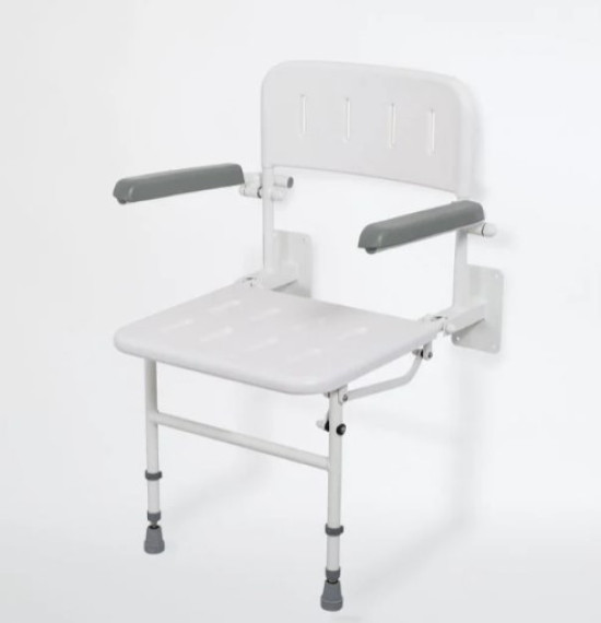 Wall Mounted Shower Seat with back, arms & support legs
